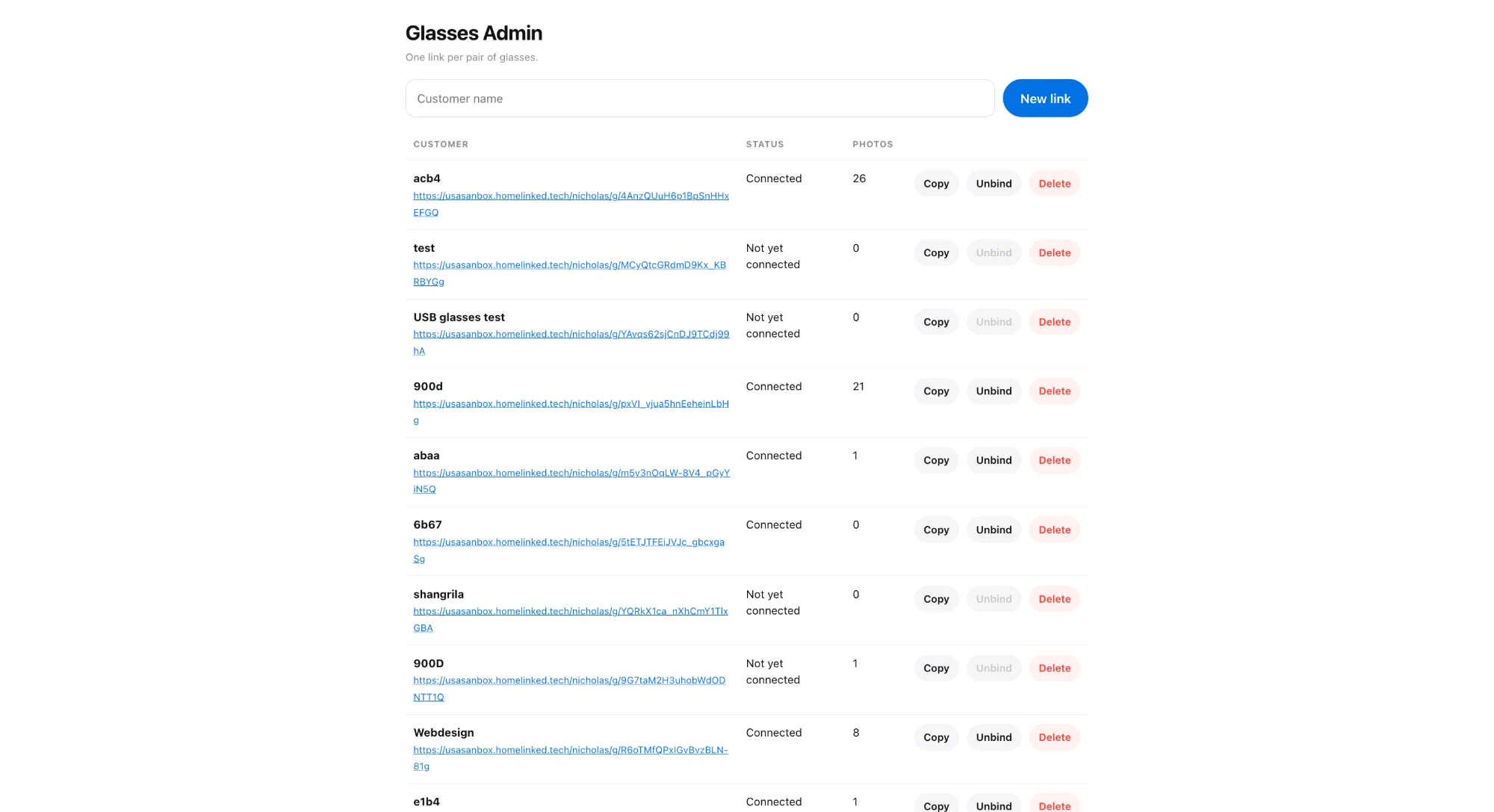 Glasses Admin link list showing customer rows with Copy, Unbind, and Delete buttons