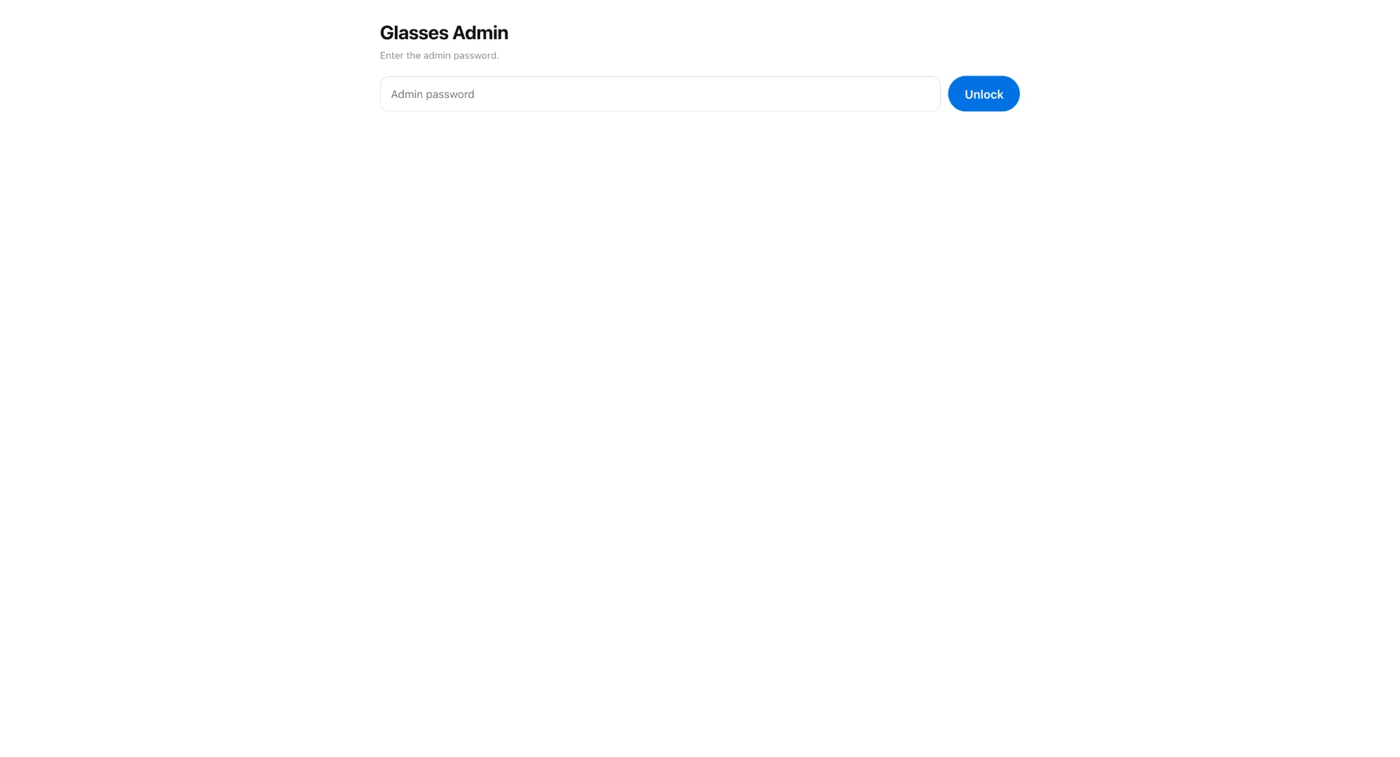 Glasses Admin login screen with a password field and Unlock button