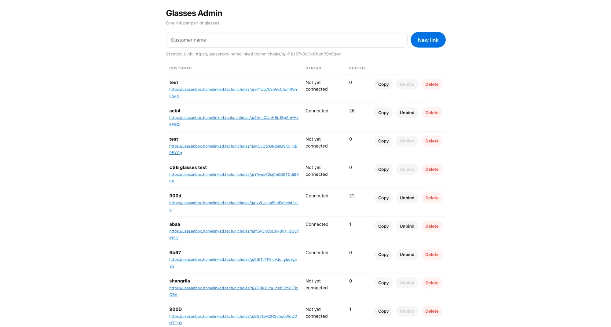Admin page after creating a new link, showing the Created confirmation line and the new row at the top of the table